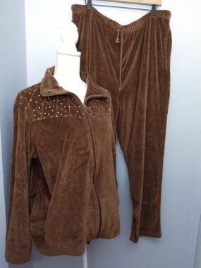 Vintage Velour Track Suit Sz 3X Brown Mockneck Jacket & Pants Rhinestone 90s Y2K